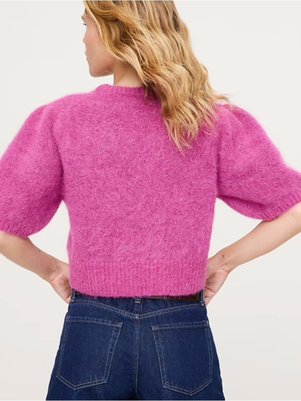 BiBi Fuzzy Puff-Sleeve Cropped Sweater in Hot Pink - Picture 2 of 11